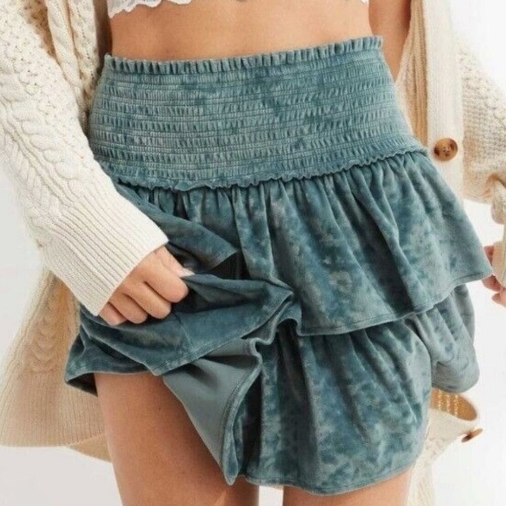 Aerie Frills n Thrills Velvet Smocked Ruffle Tiered Mini Skirt Teal Green L NWT